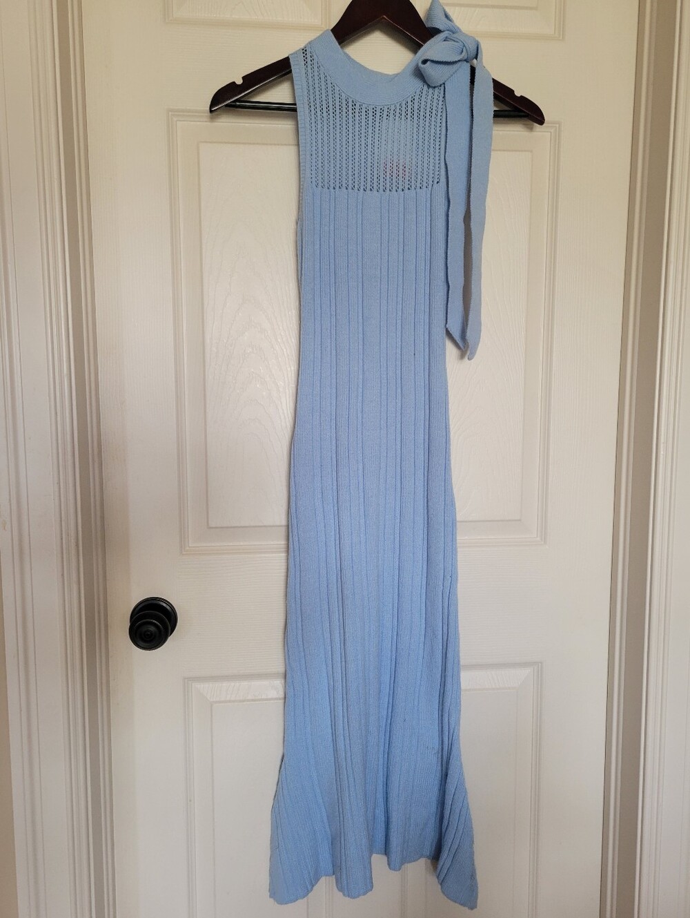 Solid & Striped x Sophia Richie Light Blue Ribbed Knit Maxi Dress with Tie Neck